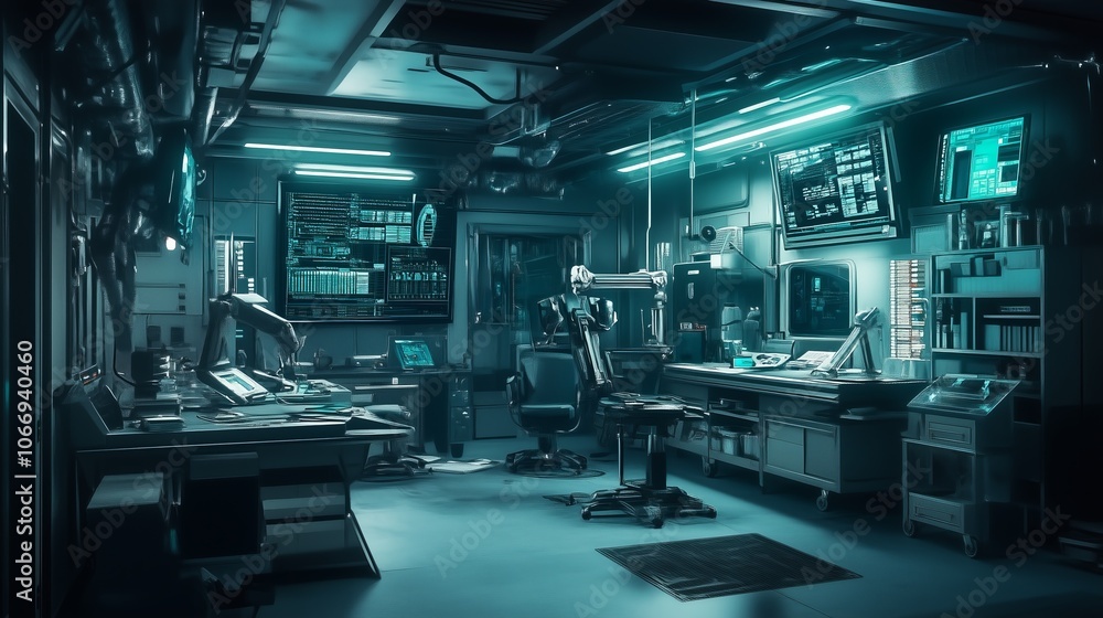 A high-tech lab with glowing screens and robotics in a dim environment, showcasing cutting-edge data analysis equipment A high-tech lab with glowing screens and robotics in a dim environment, showcasing cutting-edge data analysis equipment