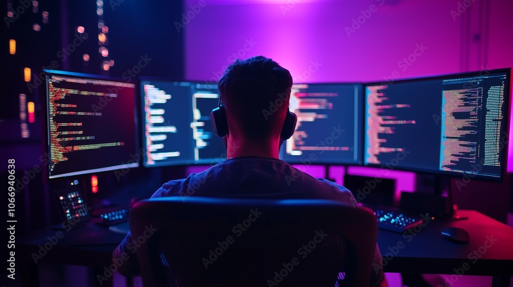 A programmer working late at night in a dark room with multiple monitors displaying code and colorful lights illuminating the space A programmer working late at night in a dark room with multiple monitors displaying code and colorful lights illuminating the space
