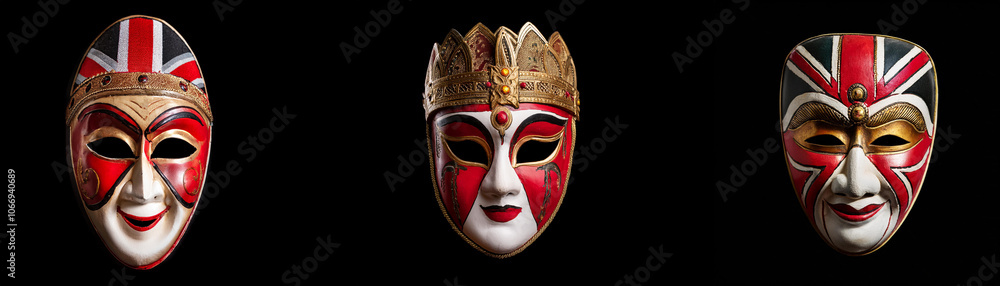 Three ornate masks are isolated against a black background. Three ornate masks are isolated against a black background.