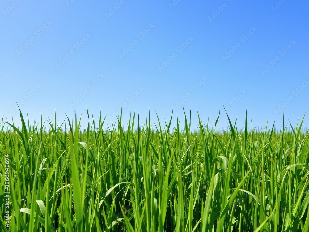 Green field with vibrant grass under clear blue sky, environment Green field with vibrant grass under clear blue sky, environment