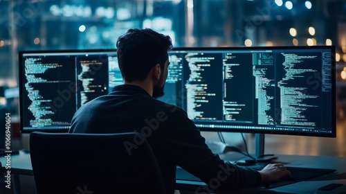 Developer coding complex algorithms at night in a modern office with multiple monitors displaying colorful programming text photo