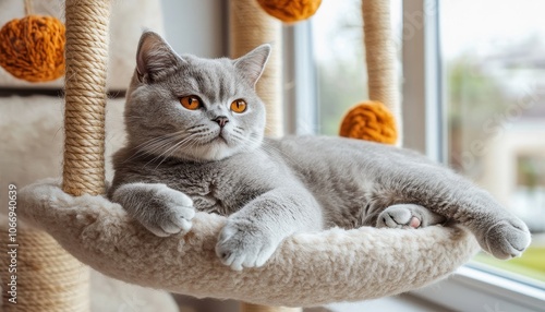 A cozy gray cat relaxing on a plush perch near a sunny window in autumn