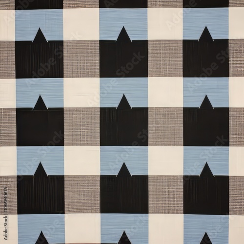 Black and blue checkered fabric with a pattern of black triangles in each square. photo