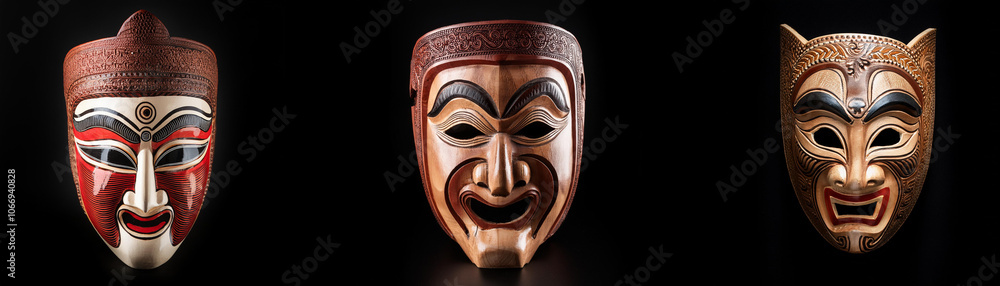 Three wooden masks are isolated against a black background. The masks have unique expressions, each with different designs and features. Three wooden masks are isolated against a black background. The masks have unique expressions, each with different designs and features.