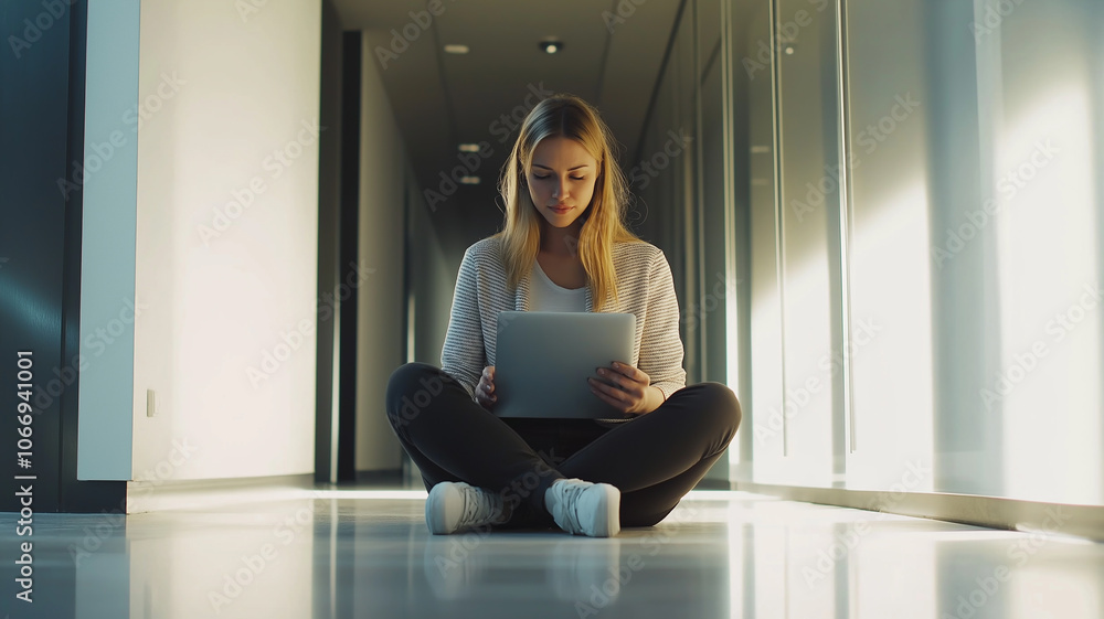 A young businesswoman sitting on the floor in a sleek, using a laptop and mobile phone A young businesswoman sitting on the floor in a sleek, using a laptop and mobile phone