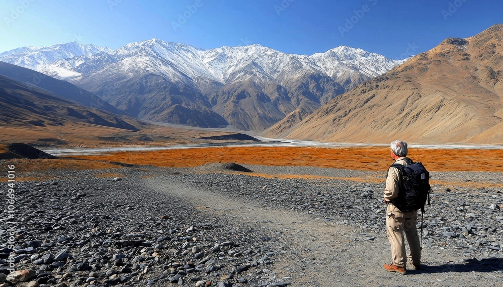 Hiking Through the Himalayas Man Conquering an Epic Mountain Pass with Stunning Scenery. Hiking Through the Himalayas Man Conquering an Epic Mountain Pass with Stunning Scenery.