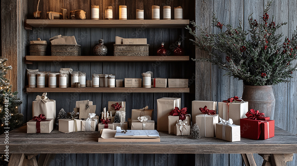 Christmas gift-wrapping station with festive decor Christmas gift-wrapping station with festive decor