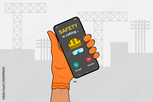 Worker hand with orange protective gloves holding a mobile phone with incoming call from SAFETY. Safety Campaign concept. Vector illustration.