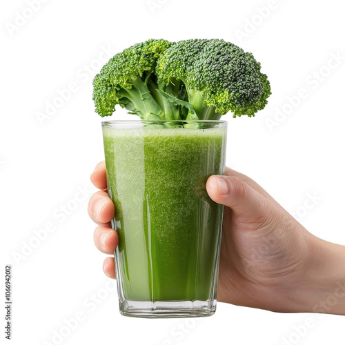 Holding a glass of broccoli juice, emphasizing its refreshing nature, isolated on white background for a bright display. cutout png photo