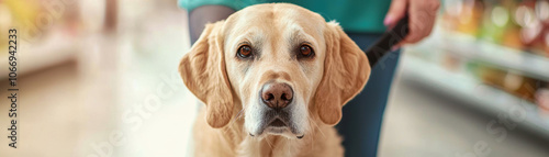 A friendly Labrador retriever gazes directly at the camera, with a person holding its leash, set in a pet store aisle.