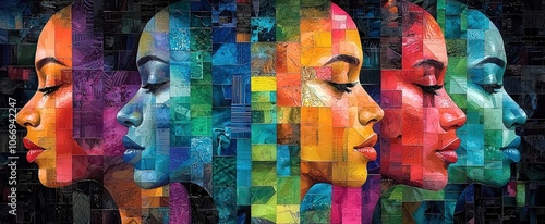 A vibrant and colorful collage of women from different backgrounds, each with their own unique expression on their face. 
