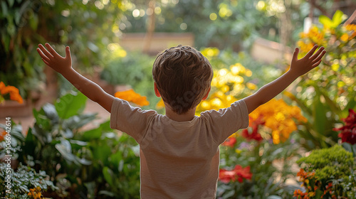 Praising the lord concept. Back view of a young boy with his arms raised to the sky in thankfulness and prayer. Themes such as Ascend, Benevolent, Radiant