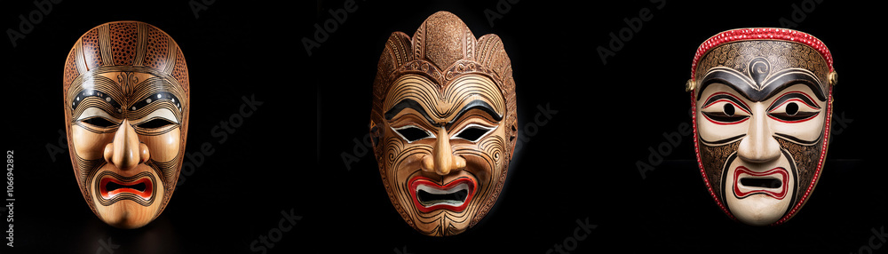 Naklejka premium Three wooden masks are displayed against a black background.
