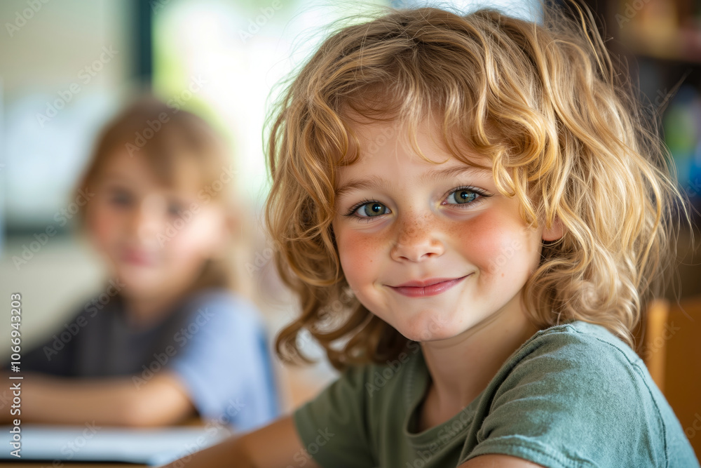 A little girl sitting at a table with her classmates in the background A little girl sitting at a table with her classmates in the background