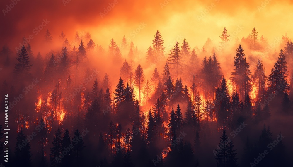 Massive wildfire engulfing forest at dusk, creating a dramatic orange haze Massive wildfire engulfing forest at dusk, creating a dramatic orange haze