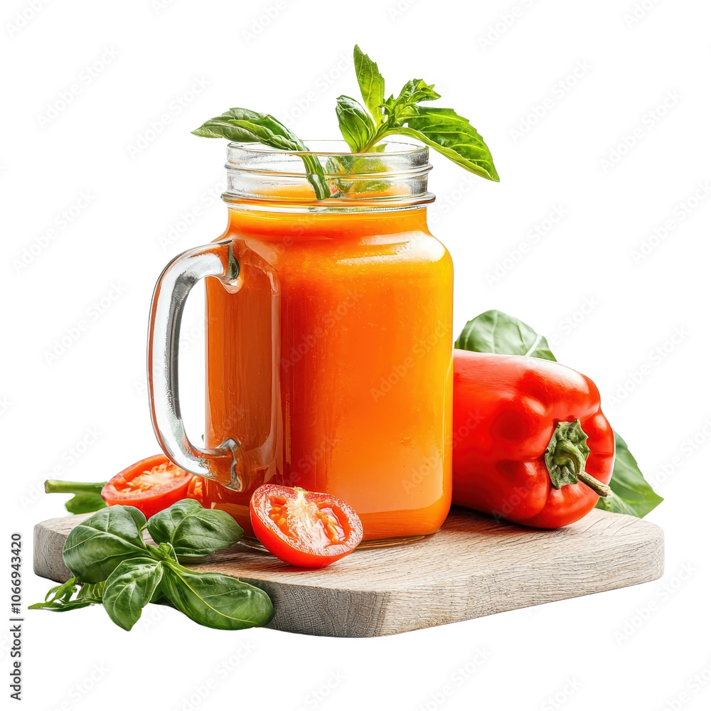 Bell pepper juice served in a glass with handle, isolated on white background for a rustic and charming look. cutout png Bell pepper juice served in a glass with handle, isolated on white background for a rustic and charming look. cutout png