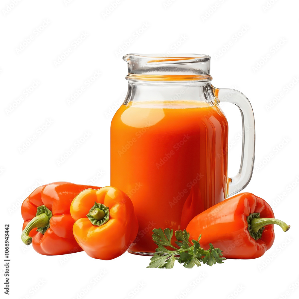 Jug of bell pepper juice with fresh bell peppers, highlighting its natural appeal, isolated on white background for a vibrant display. cutout png Jug of bell pepper juice with fresh bell peppers, highlighting its natural appeal, isolated on white background for a vibrant display. cutout png