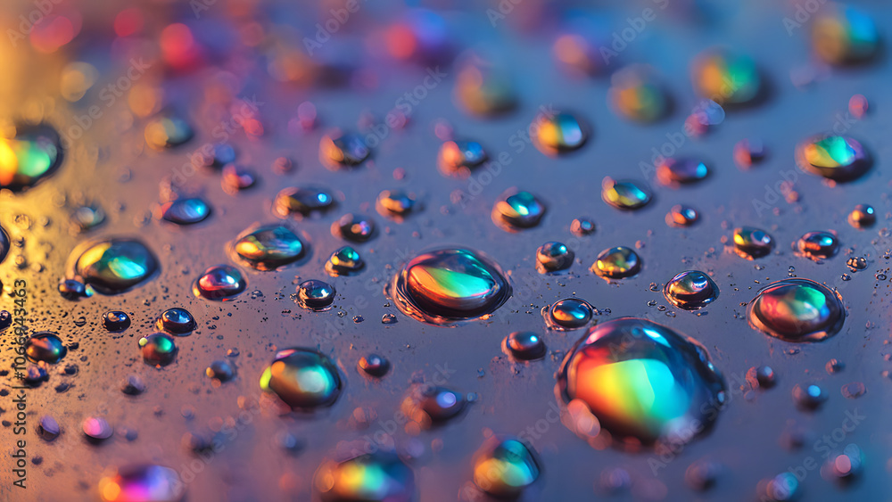 A close up of holographic liquid droplets clinging to a metal surface glowing with rainbow hues, Ai generated A close up of holographic liquid droplets clinging to a metal surface glowing with rainbow hues, Ai generated