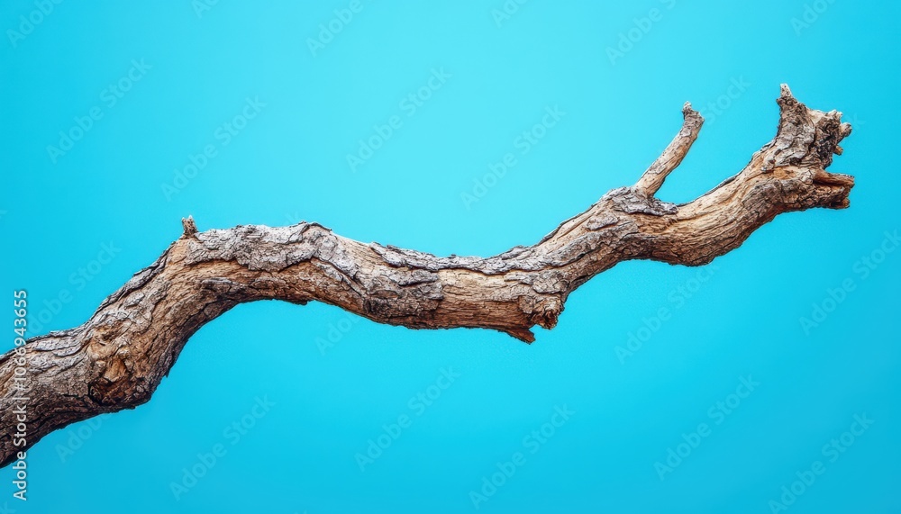 Isolated tree branch against a bright blue background highlighting natural textures Isolated tree branch against a bright blue background highlighting natural textures