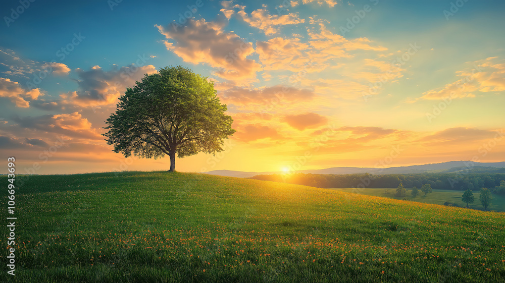 Early summer morning scenery with a tree and vibrant clouds against a golden blue sky Early summer morning scenery with a tree and vibrant clouds against a golden blue sky