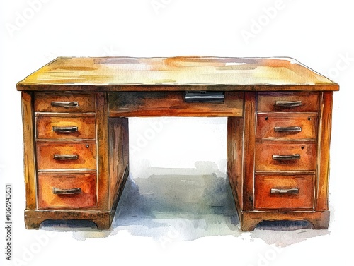 A watercolor painting of a classic wooden office desk with multiple drawers, showcasing vintage style and warm wood tones, ideal for workspaces or study themes.
