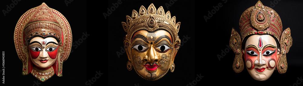 Naklejka premium Three ornate masks with painted faces are isolated against a black background.