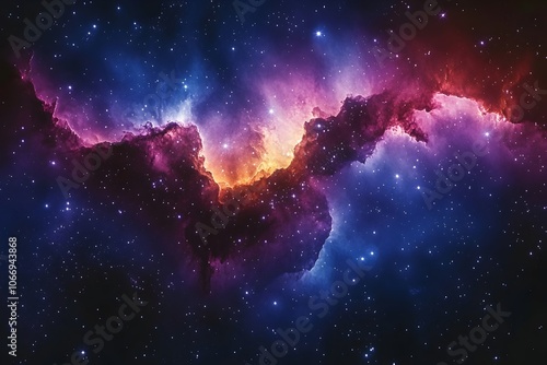 A stunning cosmic scene depicting vibrant hues of purple, blue, and orange in a nebula, filled with countless stars and swirling gas clouds, evoking a sense of wonder and exploration.