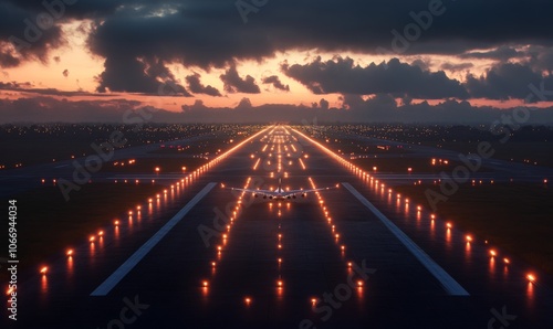 3D runway at night with airplanes landing and taking off, runway lights glowing in the evening mist