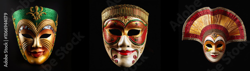 Three colorful masquerade masks are isolated on a black background. photo