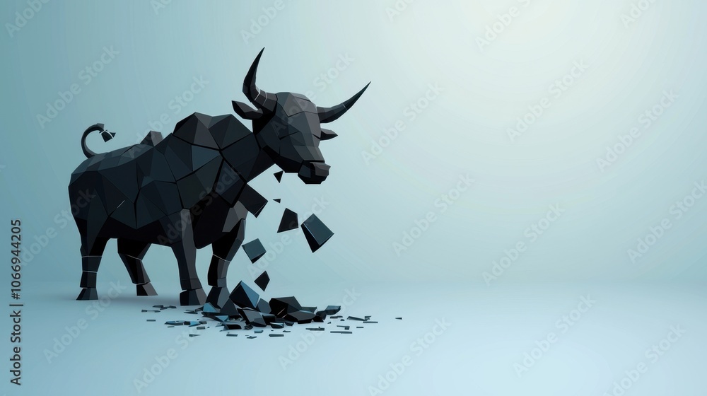 Obraz premium Stock market failing concept. A stylized low-poly bull appears to break apart creating a dynamic visual effect against a simple background