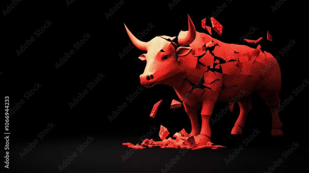 Stock market failing concept. A vibrant abstract representation of a bull appearing to emerge from a cracked surface symbolizing strength and resilience Stock market failing concept. A vibrant abstract representation of a bull appearing to emerge from a cracked surface symbolizing strength and resilience