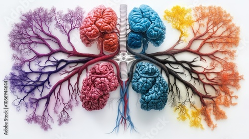 An abstract artistic representation of the human brain illustrated with colorful branches, symbolizing creativity and intellect, blending biology and imagination beautifully.