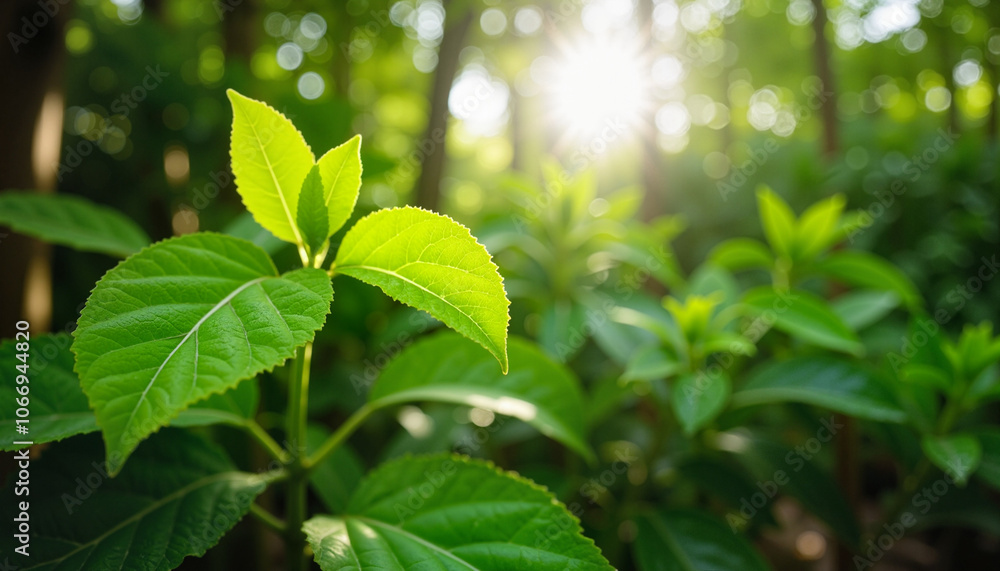 Sunlit single green leaf in focus with blurred forest background Sunlit single green leaf in focus with blurred forest background