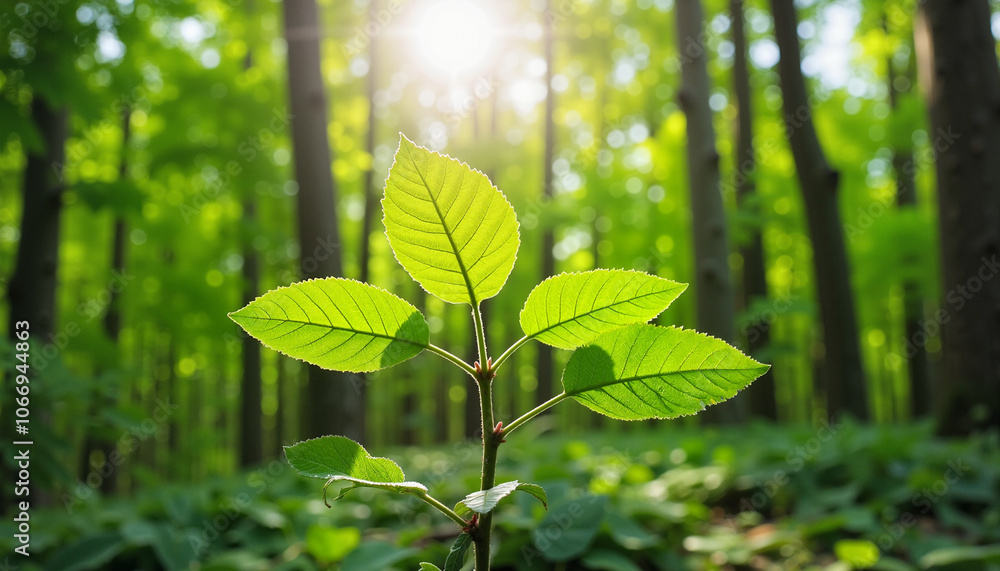 Fototapeta premium Green leaves in sunlight with forest trees in background