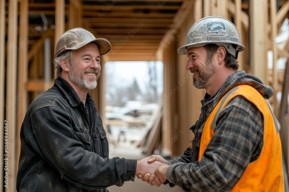 construction worker and contractor. Client shaking hands with team builder in renovation site, Generative AI construction worker and contractor. Client shaking hands with team builder in renovation site, Generative AI