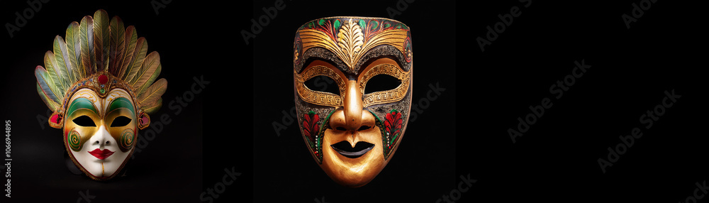 Two ornate masks isolated on a black background.