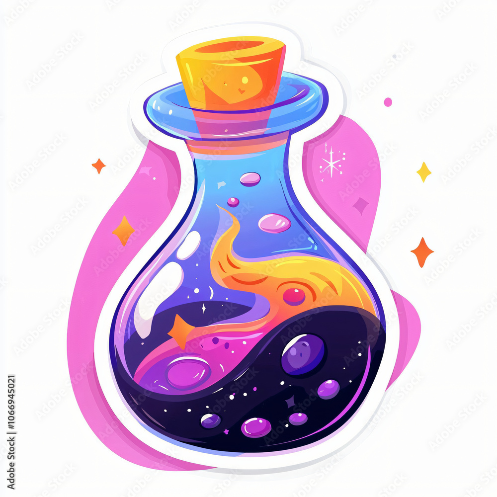 flat cutout vector sticker of a cute potion bottle with swirling magical liquid inside, isolated on white background flat cutout vector sticker of a cute potion bottle with swirling magical liquid inside, isolated on white background