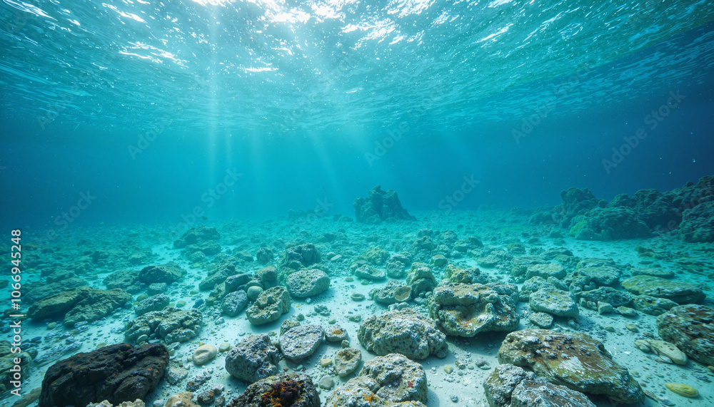 Fototapeta premium Underwater rocky seabed with sun rays penetrating clear water