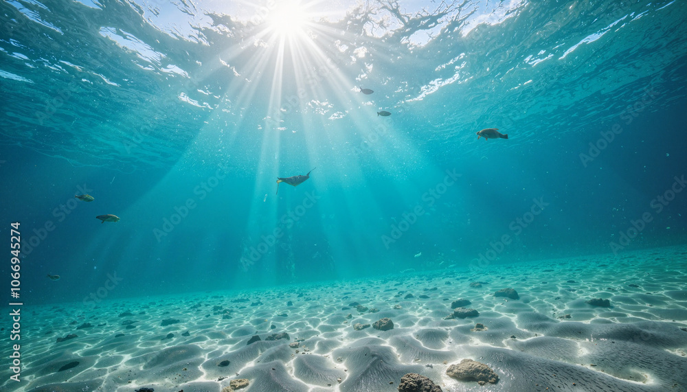 Fototapeta premium Crystal clear shallow sea with sunlight streaming through water