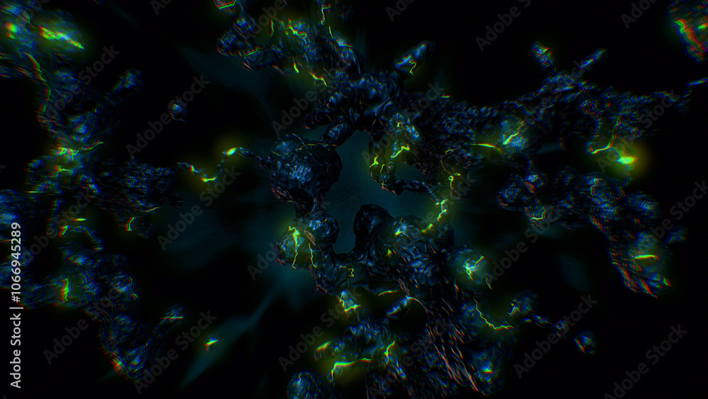 A strange synthetic formation of undulating black organic looking material with glowing energy lines. A strange synthetic formation of undulating black organic looking material with glowing energy lines.