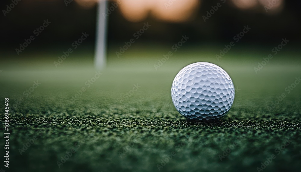 Obraz premium A golf ball resting on the putting green in the evening light before sinking