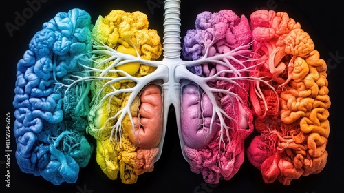 An imaginative composition showing two brains intertwined with the essence of lungs, blending life and thought into a colorful, unified artistic vision.