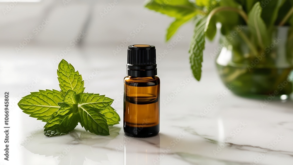 A bottle of essential oil with fresh mint leaves on a white marble surface. A bottle of essential oil with fresh mint leaves on a white marble surface.