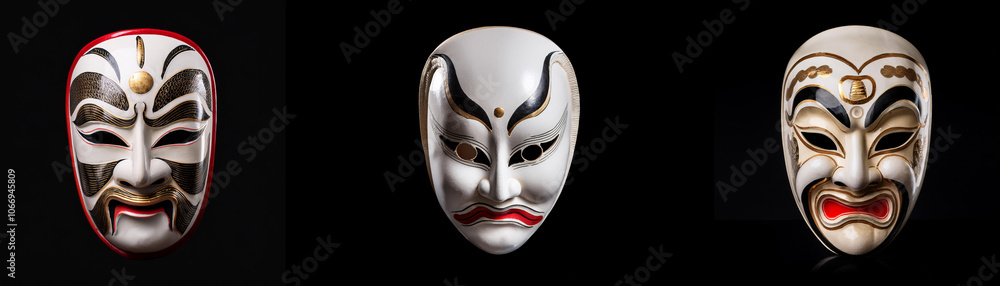 Three intricately designed, white masks with black and red accents are isolated against a black background. Three intricately designed, white masks with black and red accents are isolated against a black background.
