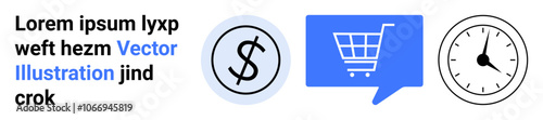 Dollar sign inside a circle, blue shopping cart in a speech bubble, and clock face. Ideal for e-commerce, online shopping, financial services, time management, marketing, business strategy, web