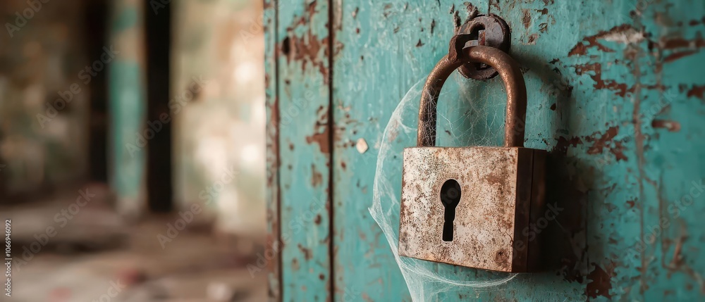 A rusty padlock hangs closed on a weathered green door, surrounded by cobwebs. A rusty padlock hangs closed on a weathered green door, surrounded by cobwebs.