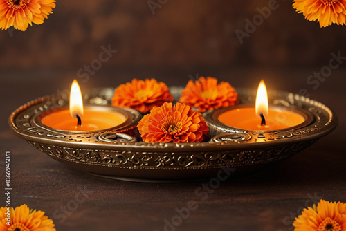 happy diwali traditional diya oil lamp with vibrant orange marigold flowers decoration festive yellow background
