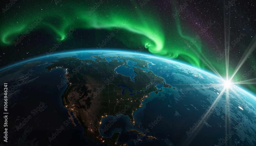 Aurora Borealis glowing above Earth’s atmosphere from space Aurora Borealis glowing above Earth’s atmosphere from space