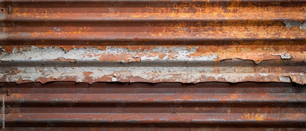 A rusted corrugated metal surface showcasing layers of peeling paint and weathered texture. A rusted corrugated metal surface showcasing layers of peeling paint and weathered texture.