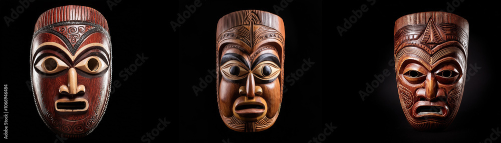 Three wooden masks with intricate carvings are isolated against a black background. Three wooden masks with intricate carvings are isolated against a black background.